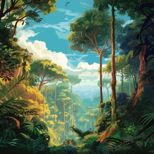 This image showcases a vibrant, lush forest with tall trees and a dense canopy illuminated by sunbeams. It captures the beauty of untouched nature, promoting themes like adventure, tranquility, and environmentalism. Perfect for use in advertisements, nature documentaries, travel brochures, and environmental awareness campaigns.