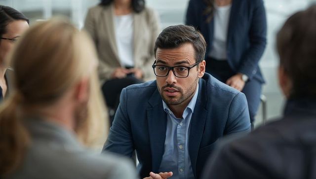 Businessman in glasses leading focused team discussion in modern office boardroom meeting