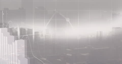 Financial Data Animation Over Cityscape Background Concept