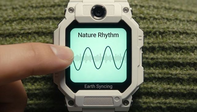 Rugged white smartwatch displaying nature rhythm app and earth syncing with fingertip