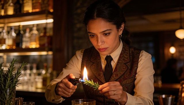 Mixologist torching rosemary sprig over cocktail glass in vintage speakeasy