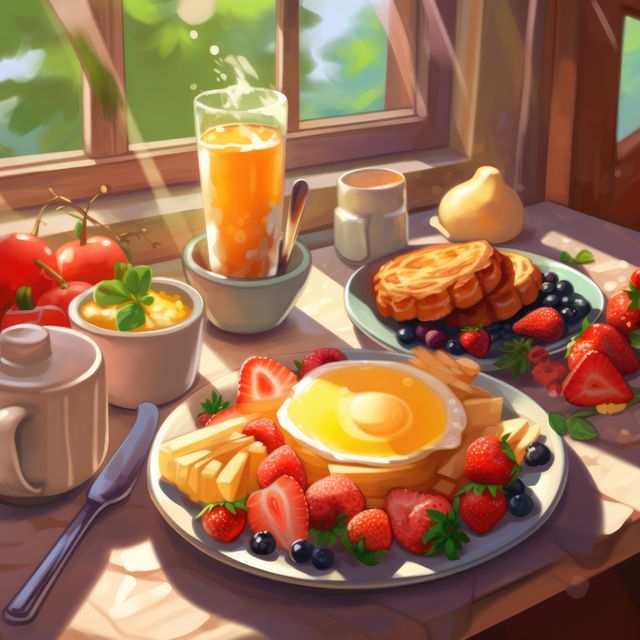 Brunch food with eggs on plates and drink on table, created using generative ai technology. Brunch, eating, food and drink concept digitally generated image.