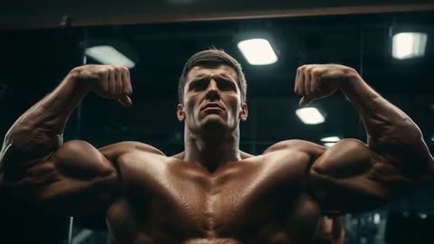Bodybuilder Flexing Muscle Definition at Gym Mirror