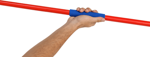 Male athlete expertly gripping red javelin transparent background