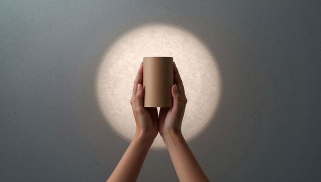 Hands Holding Cylindrical Cardboard Container Against Light Circle