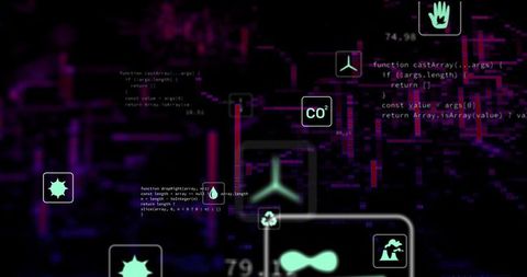 Neon network visualizing futuristic pipeline highlighting recycling node, CO2, code