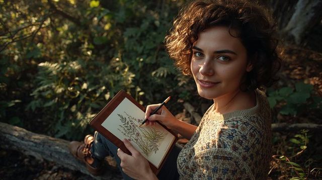 Young woman sketching botanical illustration on fallen log in sunlit forest