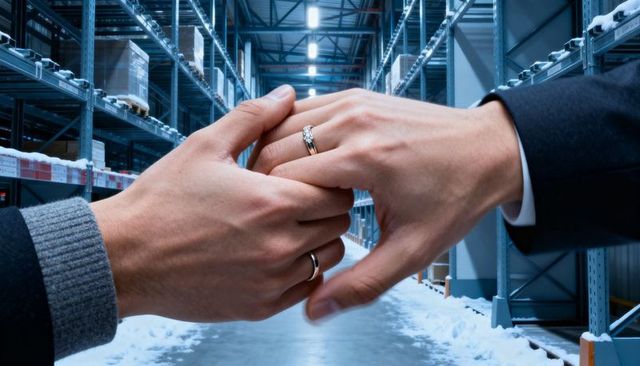 Placing solitaire engagement ring on finger in snowy industrial warehouse aisle