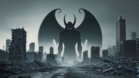 Apocalyptic satan overlooking urban ruins at twilight