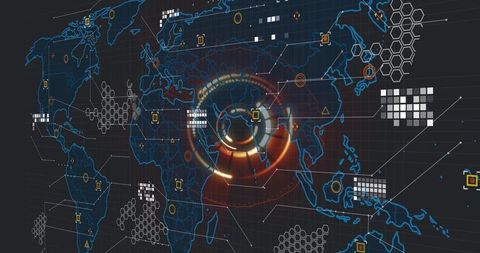 Holographic global network hud scanning cybersecurity map with highlighted threat nodes