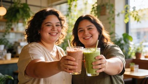 Hispanic friends toasting with colorful smoothies in sunlit plant cafe