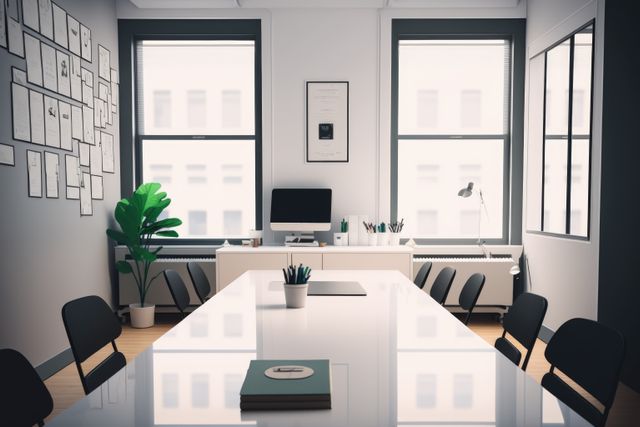 Shows a modern conference room featuring a minimalist design. Long white table surrounded by black chairs, large windows bringing in natural light, wall decor includes certificates and artwork, and presence of a potted plant. Ideal for business presentations, professional settings, corporate environments, promotional material for offices, workspace organization.