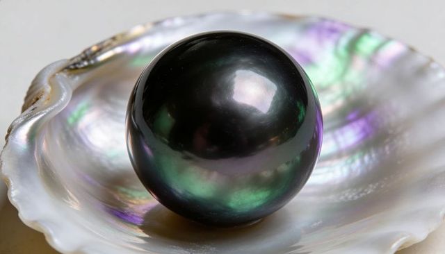 Tahitian black pearl resting on iridescent abalone shell macro with nacre reflection