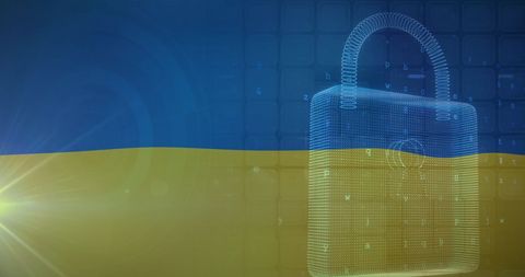 Digital padlock overlayed on ukraine flag symbolizing cybersecurity