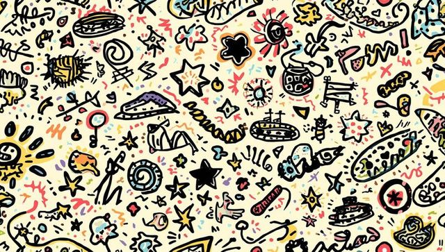 Whimsical hand-drawn doodle pattern bursting with stars, smiling suns and pastel scribbles