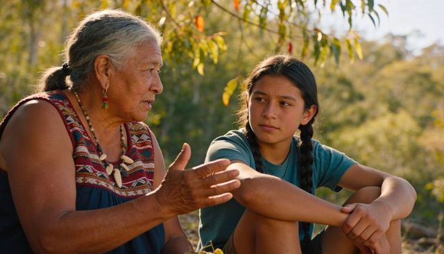 Elder woman sharing wisdom with teen on sunlit hillside, warm intergenerational connection