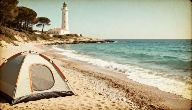 Seaside camping tent on pebbly beach with lighthouse and sunlit vintage atmosphere
