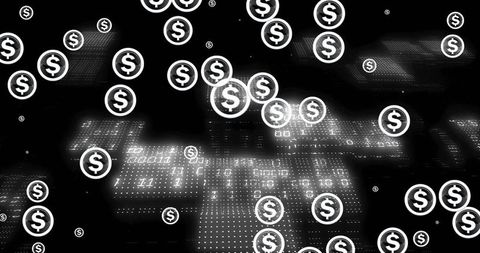 Floating dollar symbol network over digital data grid representing fintech currency flow