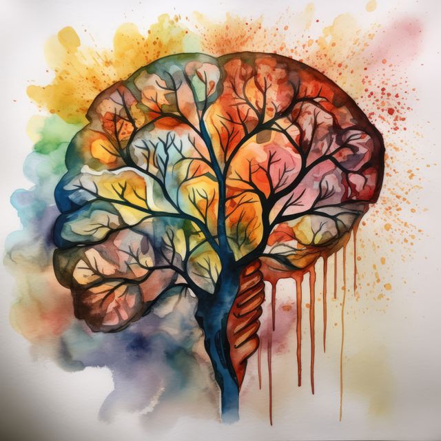 Brain of tree with colourful stains on white background, created using generative ai technology. Mental, health, brain, digitally generated image.