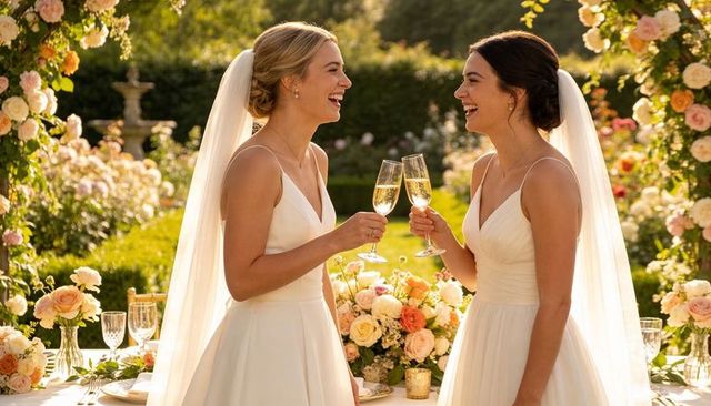 Two brides toasting champagne under floral arch in sunlit garden wedding celebration