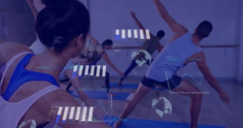 Group Yoga Class in Studio with Fitness Technology Overlay
