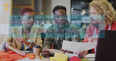 Team Collaborating on Financial Strategy with Digital Stock Visualization