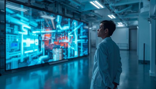 Engineer Observing Giant Neon Schematic Display in High-Tech Research Laboratory