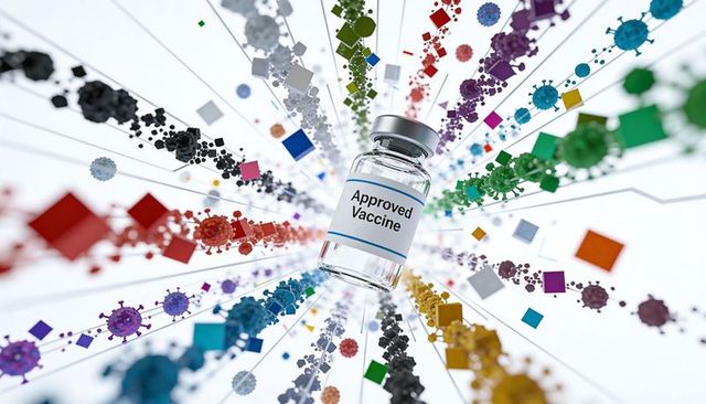 Approved vaccine vial floating amid multicolored viral data streams fanning out burst