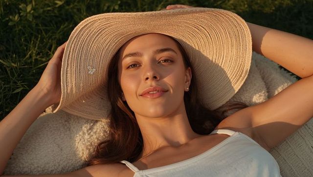 Sunlit woman lounging on fleece blanket wearing straw sunhat during golden hour outdoors