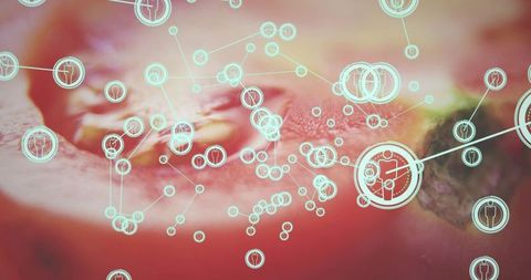 Macro strawberry with teal network overlay connecting nodes for food tech and iot concept