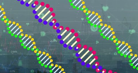 Colorful dna graphics overlaid on futuristic city skyline