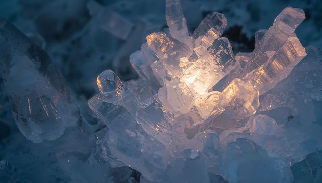 Glowing prismatic ice crystal cluster with amber core, macro backlit winter texture for design