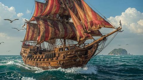 Historical pirate ship sailing through choppy seas