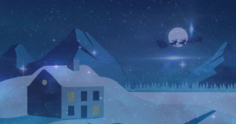 Magical winter night: santa silhouette with rustic cabin