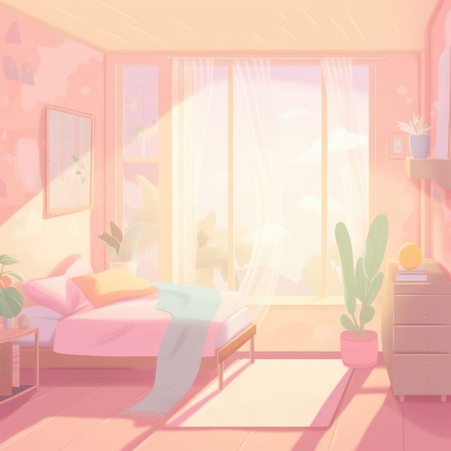 Interiors of bedroom in pastel colours with window, created using generative ai technology. Interior design and home decor concept digitally generated image.