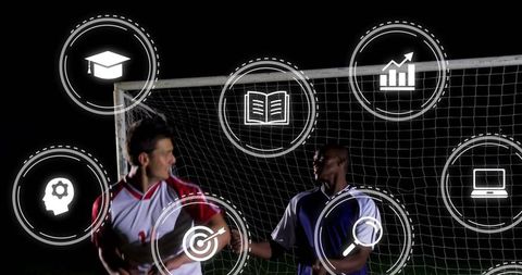 Soccer Players Shaking Hands with Digital Innovation Icons