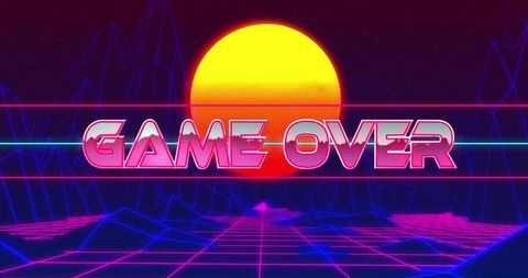 Neon Synthwave Game Over Horizon with Chrome Text and Magenta Grid Retro 80s Sunset
