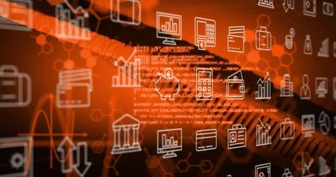 Fintech icons streaming over braided cable, code and hexagonal network in orange