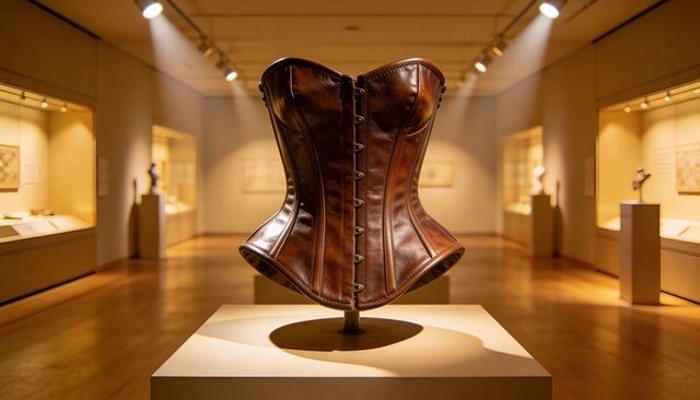 Showcasing vintage brown leather corset on museum plinth under dramatic spotlight