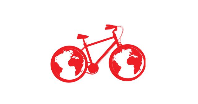 Illustrative image of red bicycle with globes in tires against white background, copy space. Vector, abstract, transportation, mobility, awareness, campaign and sustainable concept.