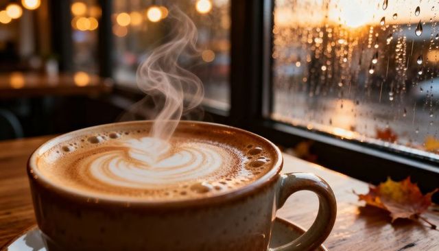 Steaming latte with heart latte art sitting on wooden table by rainy window at sunset