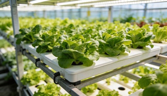 Hydroponic lettuce growing on multilevel racks in commercial greenhouse vertical farm