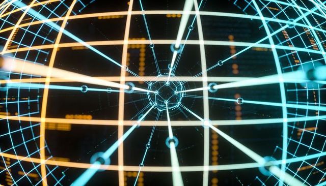 Rotating holographic wireframe sphere featuring central hub with radiating data nodes