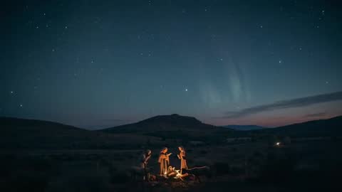 Cinematic Night Campfire with Three Shepherds and Sheep under Starry Sky and Aurora