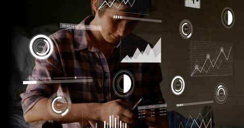 Young man holding smartphone with floating analytics HUD, concentrating on mobile data