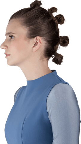 Stylish Woman With Modern Transparent Hairstyle in Elegant Blue Dress