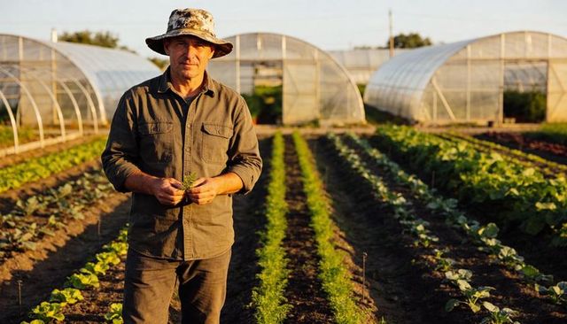 Grower standing in vegetable rows with hoop houses at golden hour inspecting organic crops