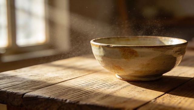 Sunlit rustic ceramic bowl catching dust motes on wooden table