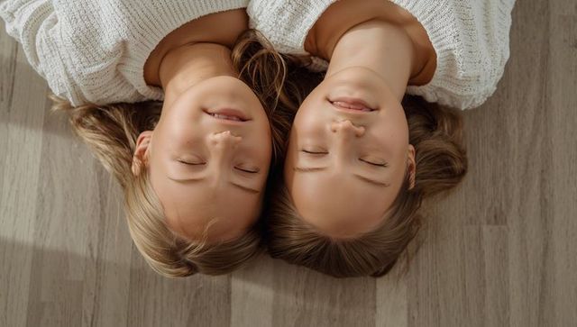 Preteen sisters lying head-to-head smiling eyes closed in cream knit sweaters on wood floor