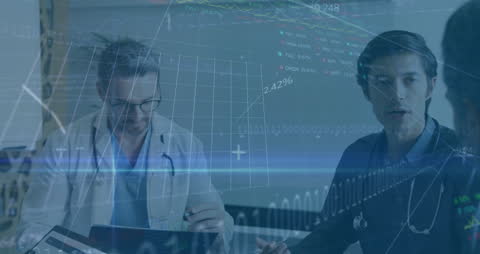 Team of Medical Professionals Analyzing Data in Futuristic Environment